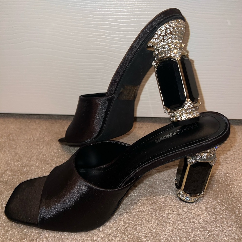 Fashion Nova Black Satin Heels with Crystal Accents